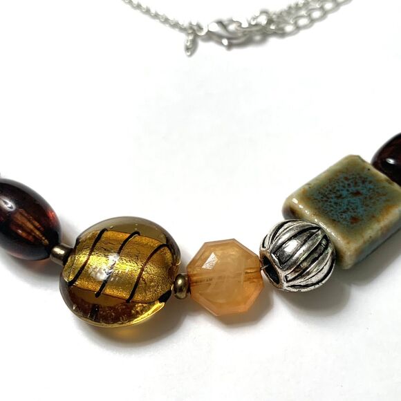 SAO Avon Art Glass 17" Necklace Faux Amber Foil Bead Ceramic Silver Tone Beads - Picture 4 of 9